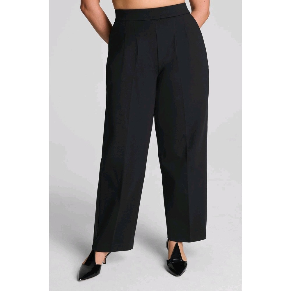 Spanx Tuxedo Stripe Ponte Pleated Barrel Leg Trouser Black Pull On Stretch XLR